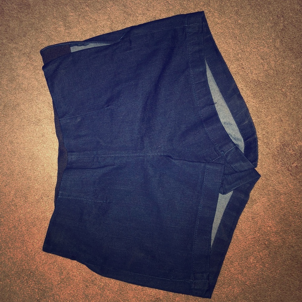 Denim, stretchy dress shorts.